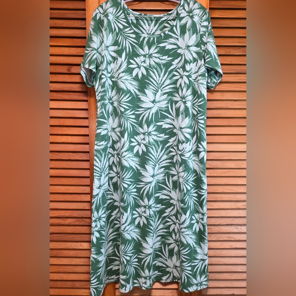 Denim & Co. Women's Green Floral Midi Dress Stretch Short Sleeve Size LP